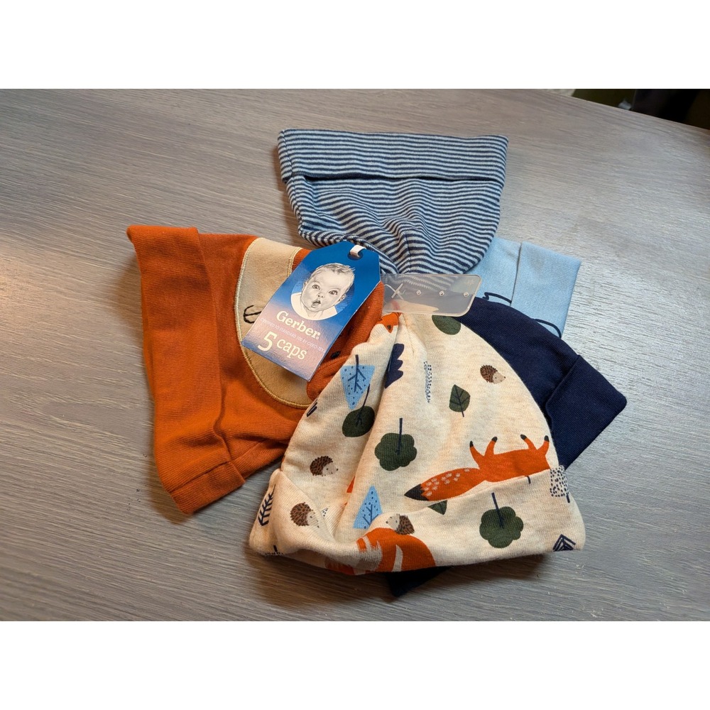 Gerber Baby Boy 0-6M Woodland Fox 5 Pack Caps and 6 Pack Wiggle Proof Socks Set